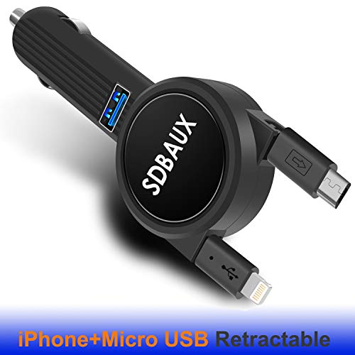 SDBAUX Car Charger,3.1A/15W with 2.3ft Dual Retractable Cable Compatible with Samsung Galaxy S6 S5 Tab 4 Mini LG G4 Google Nexus10,for iPhone XS Max XR X 8 7 6 Plus 5S iPad iPod and 1 USB Port