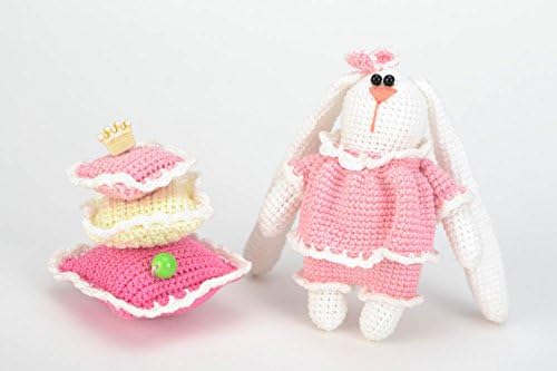 Small pink handmade soft crochet toy Hare with pillows