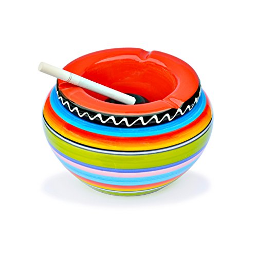 Aschenbecher aus Keramik – 4 Stück – bunt gestreift – mit rotem Deckel – neu - 9