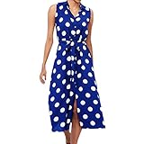 iHENGH Damen Sommer Rock Lässig Mode Kleider Bequem Frauen Röcke Boho Kleid Polka Dot Prints V Ausschnitt Taille Lace Up ärmelloses Kleid(Dunkelblau, L)