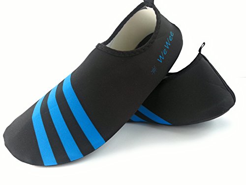 WeWee Bequeme Barfußschuhe aus elastischen Neopren, geeignet für ganz viele Indoor Aktivitäten: im Fitnessstudio,für Crossfit, Zumba, Tanzen, Yoga und als Wasserschuhe aber auch zu Hause als Hausschuhe, schwarz mit drei blauen Streifen - 5