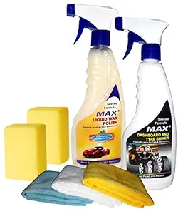 MAX Essential Car Care Kit Contains 500 ml Each of Dashboard/Tyre Shiner and Liquid Wax Polish, 2 Foam Applicators and 3 Microfiber Cloths - Pack of 7 Pieces