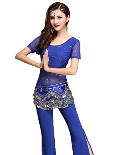 YiJee Danse du Ventre pour Femme Danse Orientale Tops avec Pantalon Costume Bleu XL