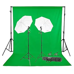 GiftMax Photography 9X9FT Continuous Umbrella Studio Light Lighting Kit with Chromakey Green Screen Photo Background Backdrop Stand Support System (Single Holder Kit Set of 2 with Background Stand)