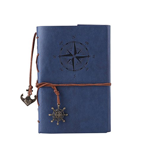 TILY Cuaderno Recargable de la Vendimia Cuero de la PU de la Prima Clásico Diario Grabado en Relieve del Diario del Recorrido con las Páginas en Blanco y Los Colgantes Retros (dark blue)