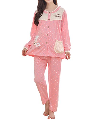 VENTELAN Women's Polka Dots Maternity Pyjama Ruffles Cute Cardigan Nursing Set