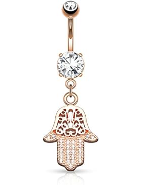 Paula & Fritz® Bauchnabelpiercing aus Edelstahl Chirurgenstahl 316L vergoldet roségold Anhänger Hamsa Hand mit...