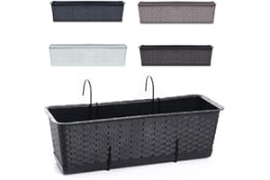 SATOHA Blumenkasten Balkonkasten Blumentopf Rattan Optik Ratolla Case P mit Aufhängung zur Auswahl Untersetzer Geländerkasten 2 Größen (500 Anthrazit+Aufhängung)