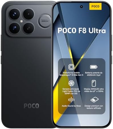Xiaomi POCO F8 Ultra, Smartphone 12+256 GB, Display AMOLED 6,9" 120Hz, Fotocamera 50MP Light Fusion 950 con OIS, Audio Sound by Bose, Batteria 6500mAh, Nero, Garanzia 2 anni, Caricatore escluso