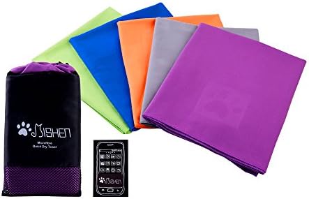 Microfibre Towel with lovely carry bag &amp; Phone cleaning card. Large sizes - a quick dry towel in 5 stunning colours (blue, green, purple, orange &amp; grey). Great for travel, sports, gym, camping, swim, yoga, pilates, bikram, beach, bath or at home - the perfect travel towel by Mishen (Purple, Large 130cm x 80cm)