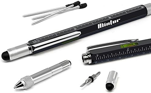 Multi Pen with Stylus, Alintor Men's Gifts Gadgets, Touch Screen Ballpoint Pen with Scale Ruler, Spirit Level, Small Screwdriver Set, Gifts Tools, Ideas of Gifts, Personalised Gifts, 4 Black Pen Refills (Black)