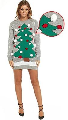 LOOKS FUNNY Classique Motif Flacon de Neige Wapiti Noël Pull Chandail Pull-over Tricot Long pour Femme / Fille -M
