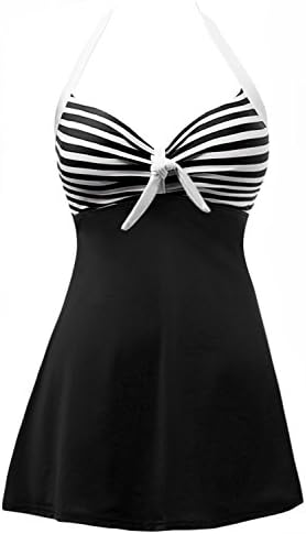 Miurus Swimdress Womens Retro Sailor Stripes Halter Straps One Piece Swimsuit Padded Cover Up Swimwear Medium Black