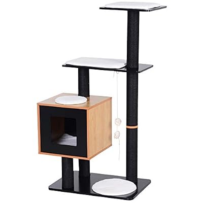 Pawhut Arbre à Chats Design Contemporain griffoirs grattoirs sisal Naturel Centre d'activités Niche Plate-Formes Jeu Boules suspendues 66L x 47l x 120H cm MDF Noir hêtre