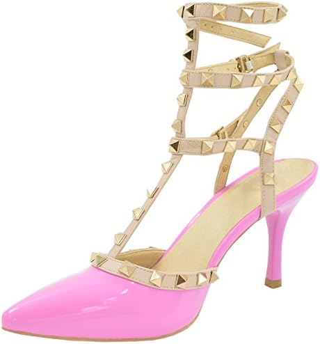 Women's Studded Patent Leather Contrast Stilettos&amp;High Heel Pointed Toe Buckle Sandals, Light Pink EURO38/US7/UK5