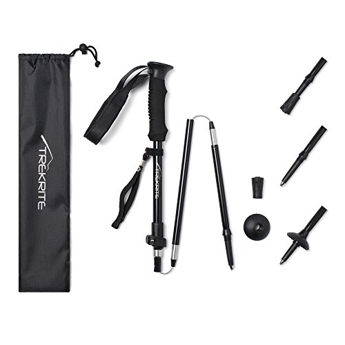 Trekrite Packaway - Bastón Plegable para Senderismo o Caminar con Bolsa incluida, 1 o 2 Unidades, 1PLFOLB, Negro, Suelto