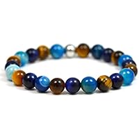 KOMIMAR HERREN ARMBAND PERLEN ARMBAND MEDITATION BRACELET - Bangle Beaded Perlen Armband - Edelstein - Tigeraugen - Tigereye - Achat - blue Achat Tigereye bracelet - Spirituell - Herren Armband - Edelstein Armband - Surfer Armband - Heilstein Armband - Power Armband - Gummizug Perlen Armband - Strand Schmuck - Surferschmuck - Herrenarmband