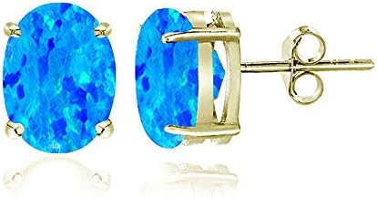 18K Gold over Sterling Silver Created Fiery Blue Opal 6x4 Oval Stud Earrings