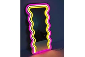DAKABUKA Wave Mirror Neon Sign LED Neon Lights Makeup Mirror Wall Mounted Irregular Decorative Mirrors for Bedroom Beauty Salon Living Room Girls Room Decoration (41x25cm)