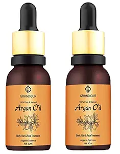 Grandeur PACK OF 2 100% Pure & Natural Moroccan Argan Oil 30ml, for Dry and Coarse Hair & Skin care 30mL+ 30mL