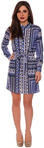 Ladies Venus Blue White All Over Aztec Patterned Collared Belted Shirt Dress-M/L