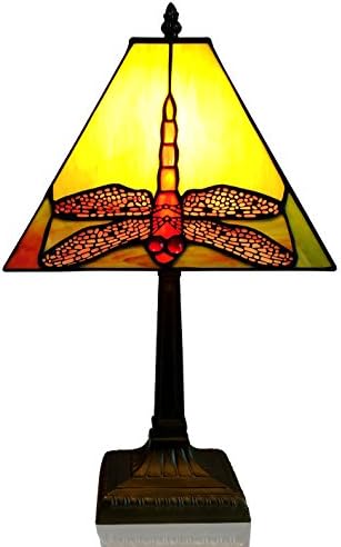 Nobeiyi lighting Tiffany Style Square Dragonfly Desk Lamp with Zinc Alloy Base and Stained Glass Shade Use LED/Incandescent 1xE14 Bulb 25W Antique Brass/Multicolor Colour ,9-Inch Width in Bedroom