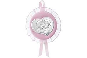 VALENTI & CO. Valenti&Co - Medaglione Musicale Capoculla con Sacra Famiglia in Argento perfetto come idea regalo nascita o regalo - Rosa battesimo da appendere alla culla, al passeggino o in cameretta del neonato