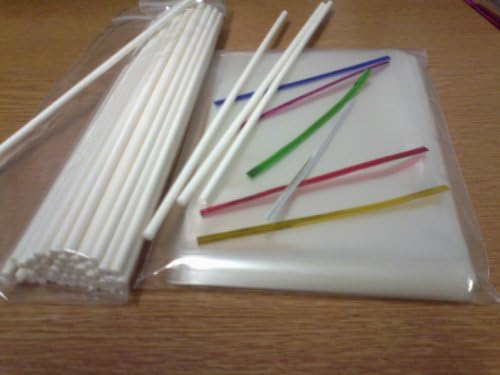 50 x 150mm (6") White Plastic Cake Pop Lollipop Kit Included Cello Bags & Mixed Colour Twist Ties