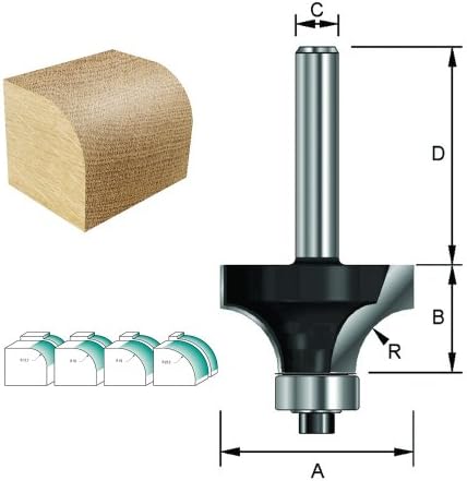 ENT 14282 Rounding Over Cutter TC Shank (C) 8 mm, Diameter (A) 18,7 mm, B 9,5 mm, R 3 mm, D 32 mm, with Ball Bearing
