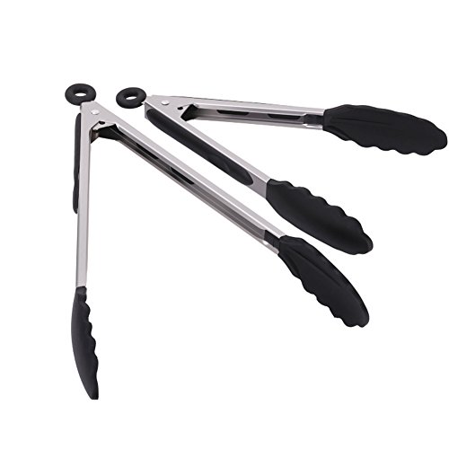 GHB 2er Küchenzange Grillzange aus hochwertigem Edelstahl und Lebensmittelqualität Silikon Kochen Servieren Grill für Fleisch Salat Spaghetti Wurst Brötchen und vieles mehr - 2