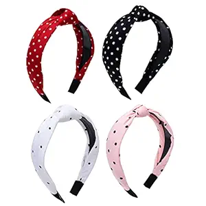 WAHHSON Hair Accessories Korean Style Solid Fabric Polka Dot Knot Stylish Cute Plastic Hairband / Headband for Girls and Women (Pack of 4)
