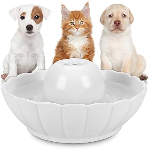 Hommii Ceramic Pet Drinking Fountain Lotus Electric Automatic Water Fountains for Dogs Cats Super Silent 2.1 liters / 70 Oz Water Dispenser for Pets