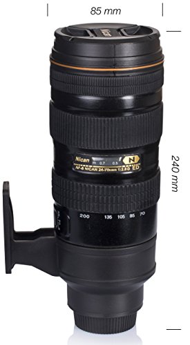 VENKON – Hochwertige Isolierflasche aus gebürstetem Edelstahl mit Druckknopfverschluß und abschraubbarem Trinkbecher im Kameraobjektiv / Foto Objektiv Design – Fassungsvermögen: 500ml, schwarz - 3