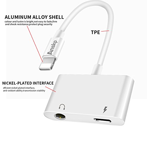 Lightning to 3.5mm Audio Adapter for iPhone 7 Plus, Anskp 2 in 1 Lightning Charger and 3.5 mm Aux Headphone Jack Cable[Support iOS 10.3.1][No Calling Function and Music Control] for iPhone 7/7 Plus-White