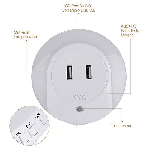 KYG LED Nachtlicht Mit Steckdose Dual USB Ladegerät Steckdosenlicht Sensor LED-Lampe für Flur Bad Schlafzimmer Wohnzimmer Küche Warmweiß - 4