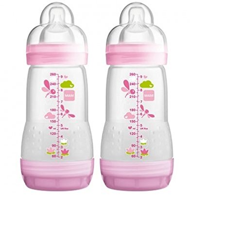 Mam 2 Anti-Colic Baby Bottles 260ml 0 Month + - Colour : Transparent pink with patterns