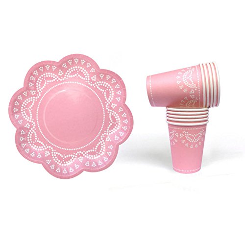 10 Elegante Papp-Becher mit Weißem Spitzen-Perlen-Muster in Rosa - 2