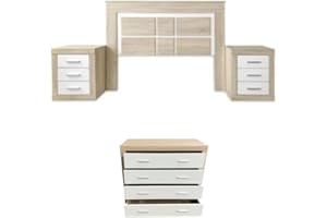 IBERA HOME Set Completo de Dormitorio Kiara: Cabecero de Matrimonio, 2 Mesitas de Noche y Cómoda de 4 Cajones - Diseño Moderno y Elegante en Blanco y Cambria, Almacenamiento Funcional