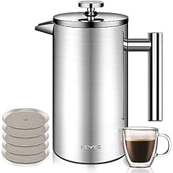 KYG Cafetière à Piston French Press en Acier Inoxydable Isolation Thermique Permanent pour Café Thé avec 5 Filtres Recharges 1L