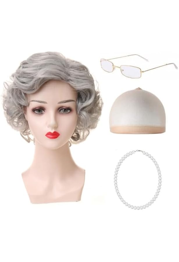 Kit Déguisement Vieille Dame - Perruque Grise Bouclée, Bonnet, Collier Perles, Lunettes - Pour Halloween, Cosplay