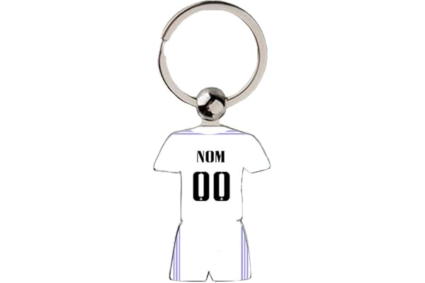 Porte-clés maillot football personnalisé – Style Real Madrid domicile 2022/2023 – Métal argenté – Nom & numéro – Cadeau supporter – Maillot + short