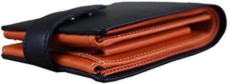 Men’s black (orange inside) RFID blocking hand-made genuine soft nappa leather large classic pocket wallet with gift presentation bag holding 20 Cards photo ID coin pocket and 2 note compartments