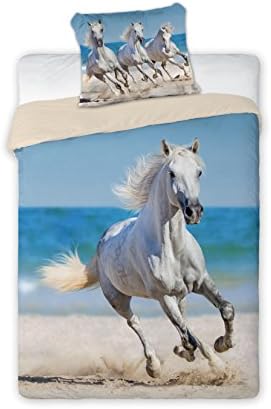 White Horse Horse Riding Single Bed, Duvet Cover 160 x 200 Set 100% Cotton Bedding Bed