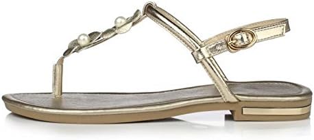 T-Strap Toe Flat Sandals Flower Embellished Leather Buckle Students Casual Shoes , gold super fiber , 38