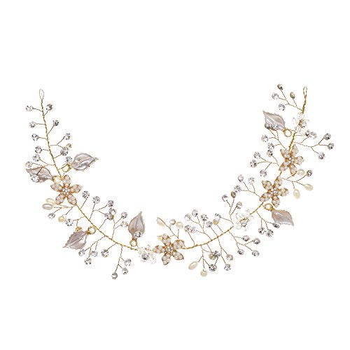 SWEETV Bohemian Headpiece Crystal Pearl Bridal Hair Vine Flower Halo Wedding Headband Tiara, Gold