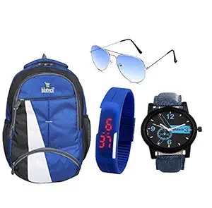 BLUTECH Fabric 30 LTR Blue Laptop Backpack+Analogue Watch Blue+Led Watch Blue Aviator