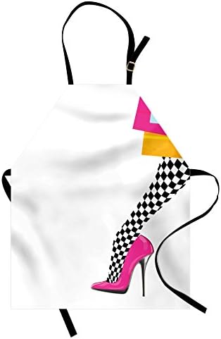 Lunarable Fashion Apron, Woman Leg with Pink High Heel Shoe Checkered Pattern Stocking and Shopping Bags, Unisex Kitchen Bib Apron with Adjustable Neck for Cooking Baking Gardening, Multicolor