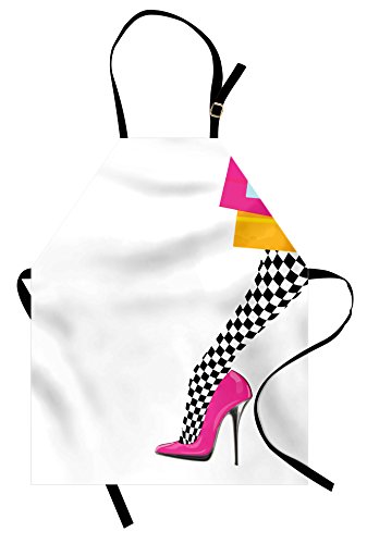 Lunarable Fashion Apron, Woman Leg with Pink High Heel Shoe Checkered Pattern Stocking and Shopping Bags, Unisex Kitchen Bib Apron with Adjustable Neck for Cooking Baking Gardening, Multicolor