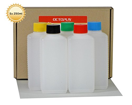 5 x 250 ml Octopus Kunststoffflaschen, HDPE Plastikflaschen mit bunten Schraubverschlüssen, Leerflaschen mit farbigen Schraubdeckeln, Vierkantflaschen inkl. 5 Beschriftungsetiketten