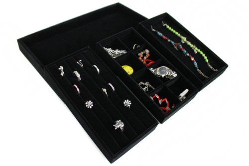 Yudu® 4 tlg. Samt -Vorlagebrett mit Haken Fächer für Ringe Ketten Schmuck schwarz - 2